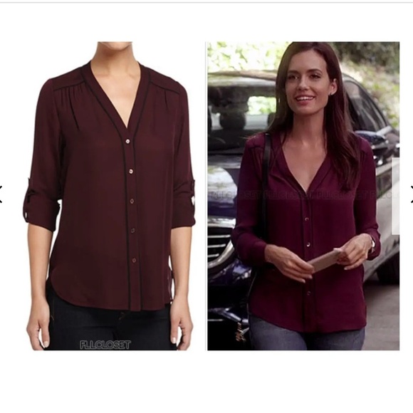 Vince Silk Blouse Button Down Piping Chiffon Long Sleeve Burgundy XS Preppy Chic - Picture 1 of 8